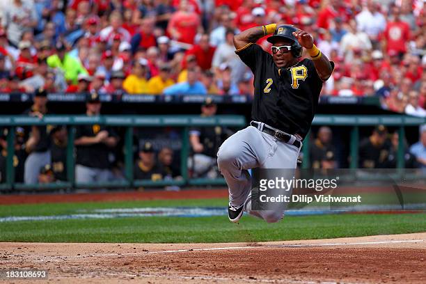 Marlon Byrd of the Pittsburgh Pirates slides home to score a run in the seventh inning against the St. Louis Cardinals during Game Two of the...