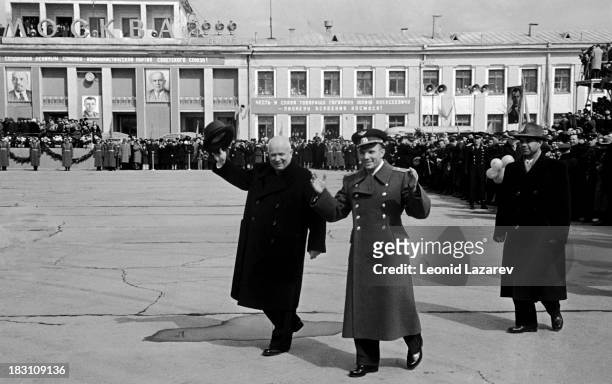 Russian cosmonaut Yuri Gagarin with Soviet leader Nikita Khrushchev at Vnukovo Airport in Moscow, following his successful space mission, 14th April...