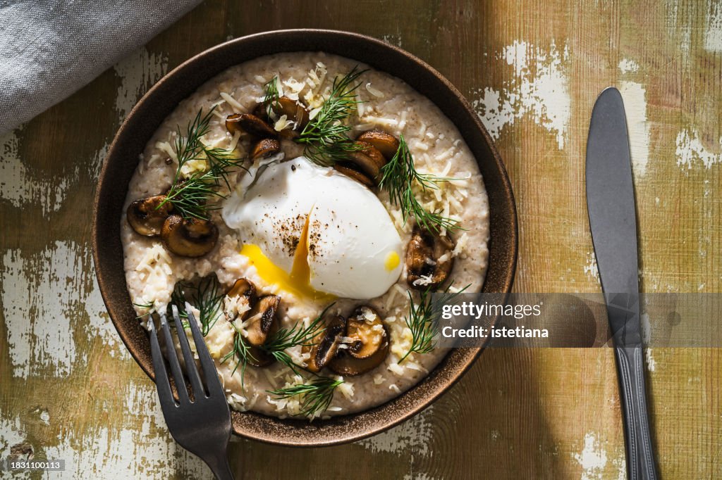 Savory oatmeal with poached egg and roasted mushrooms