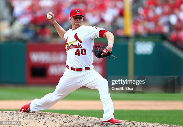 Shelby Miller of the St. Louis Cardinals pitches in the eighth inning against the Pittsburgh Pirates during Game Two of the National League Division...