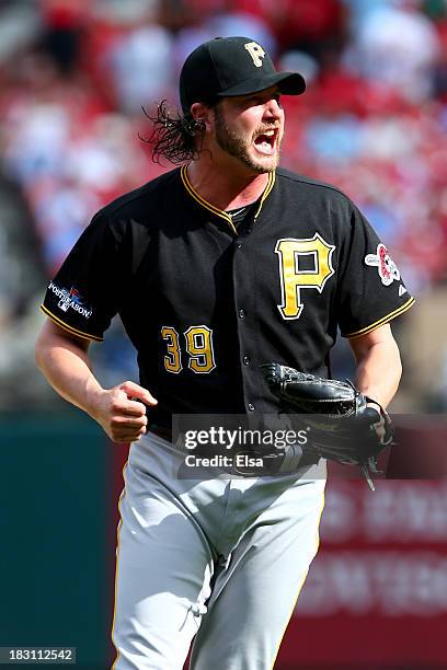 Pitcher Jason Grilli of the Pittsburgh Pirates celebrates the Pirates 7-1 victory against the St. Louis Cardinals during Game Two of the National...