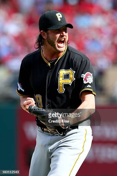 Pitcher Jason Grilli of the Pittsburgh Pirates celebrates the Pirates 7-1 victory against the St. Louis Cardinals during Game Two of the National...