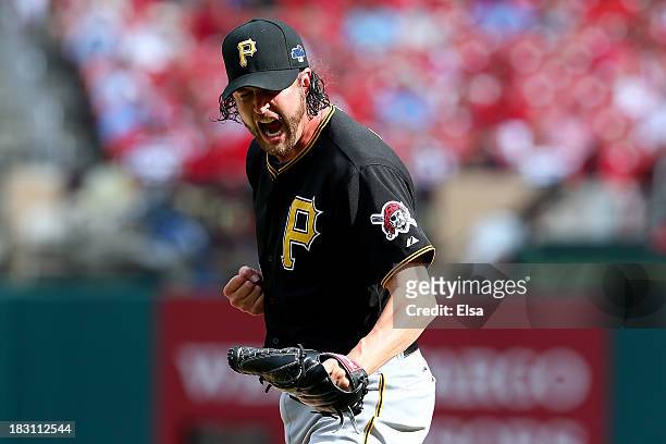 Pitcher Jason Grilli of the Pittsburgh Pirates celebrates the Pirates 7-1 victory against the St. Louis Cardinals during Game Two of the National...