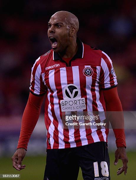 Marlon King of Sheffield Utd shouts at the linesman during the Sky Bet League One match between Sheffield United and Crawley Town at Bramall Lane on...