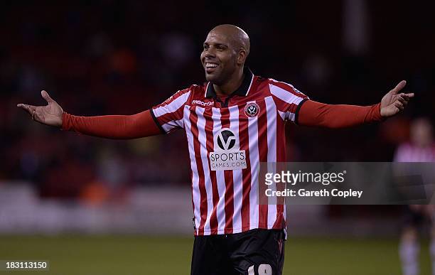 Marlon King of Sheffield Utd gestures at the linesman during the Sky Bet League One match between Sheffield United and Crawley Town at Bramall Lane...