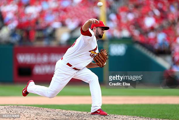 Edward Mujica of the St. Louis Cardinals pitches in the ninth inning against the Pittsburgh Pirates during Game Two of the National League Division...