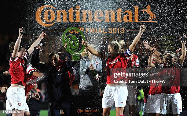 Arsenal celebrate with the trophy after winning the The FA WSL Continental Cup Final match between Arsenal Ladies FC and Lincoln Ladies FC at The...