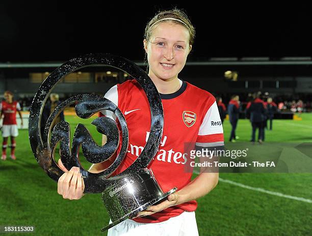 Ellen White of Arsenal Ladies poses with the trophy during the The FA WSL Continental Cup Final match between Arsenal Ladies FC and Lincoln Ladies FC...