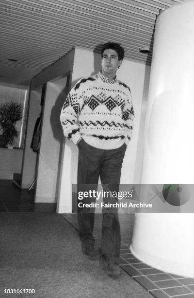 Male model wearing a patterned sweater in the Liz Claiborne Fall/Winter 1985 menswear show