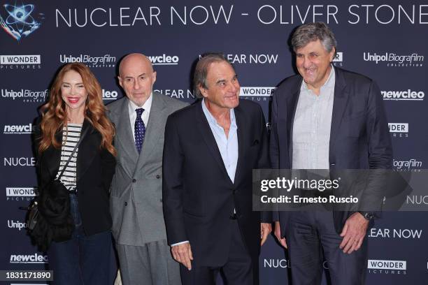 Yvonne Scio, Fernando Sulichin, Oliver Stone and Stefano Buono attend the photocall for the movie "Nuclear Now" at The Space Cinema Moderno on...