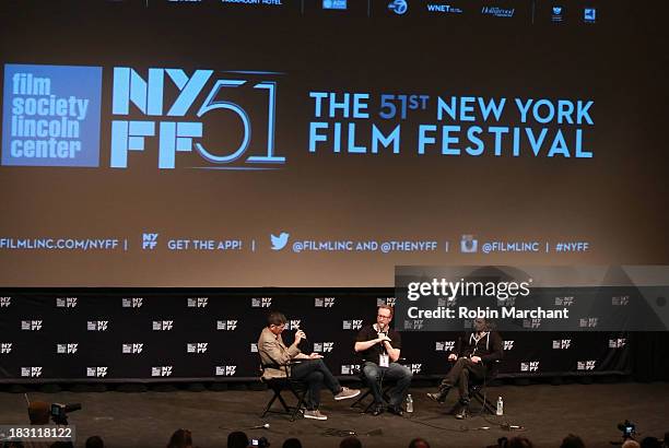 Dennis Lim, filmmakers James Gray and actor Joaquin Phoenix attend the "Immigrants" premiere during the 51st New York Film Festival at The Film...