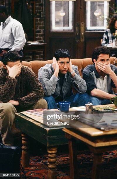 The One with the Fake Monica" Episode 121 -- Pictured: Matt LeBlanc as Joey Tribbiani, David Schwimmer as Ross Geller, Matthew Perry as Chandler Bing...