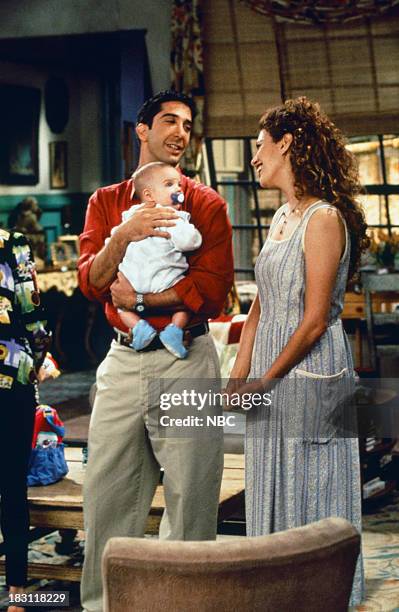 The One With the Breast Milk" Episode 202 -- Pictured: David Schwimmer as Ross Geller, unknown as Ben Geller-Willick, Jessica Hecht as Susan Bunch --