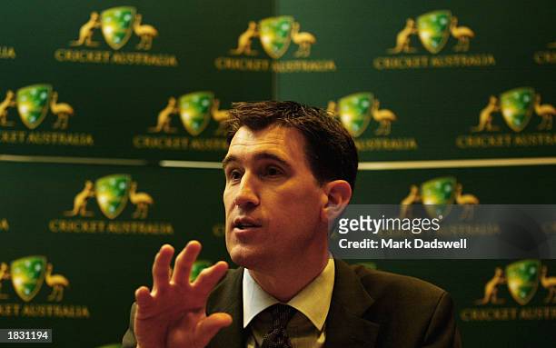 James Sutherland CEO of the Australian Cricket Board speaks with media at the unveiling of their new logo and brand name at the ACB office in...