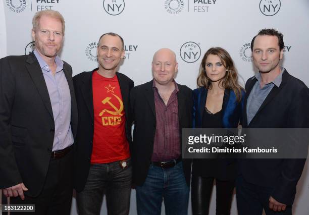 Noah Emmerich, Joel Fields, Joe Weisberg, Keri Russell and Matthew Rhys attend "The Americans" panel during 2013 PaleyFest: Made In New York at The...