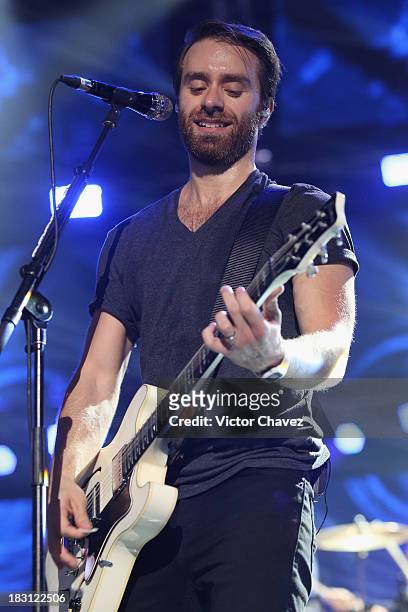 Sebastien Lefebvre of Simple Plan performs on stage during the MTV World Stage Monterrey Mexico 2013 at Arena Monterrey on October 3, 2013 in...