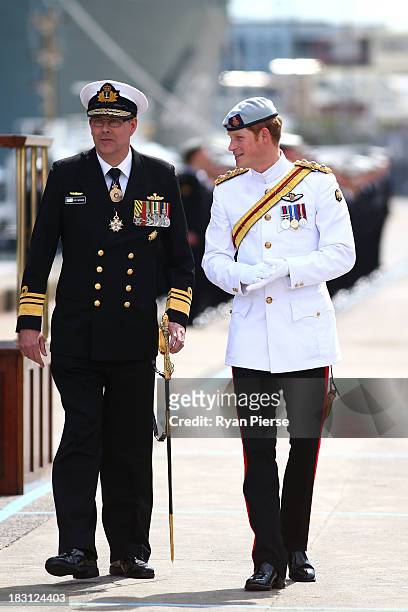 Prince Harry is met by Vice Admiral Ray Griggs, AO CSC Chief of Navy before they embark the HMAS Leeuwin as they attend the 2013 International Fleet...