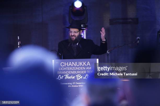 Rabbi Yehuda Teichtal, speaks to inaugurate a giant, illuminated menorah to celebrate the beginning of Hanukkah on December 7, 2023 in Berlin,...