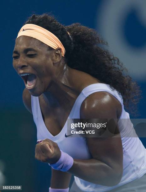 Serena Williams of the U.S. Reacts in the match against Caroline Wozniacki of Danmark during day seven of the 2013 China Open at National Tennis...