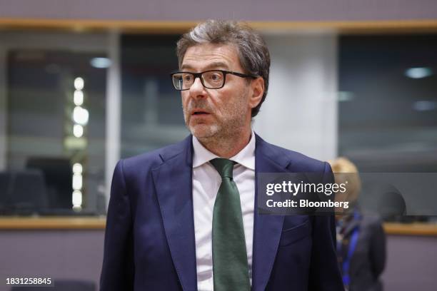 Giancarlo Giorgetti, Italy's finance minister, arrives for a roundtable at the Eurogroup meeting in Brussels, Belgium, on Thursday, Dec. 7, 2023....