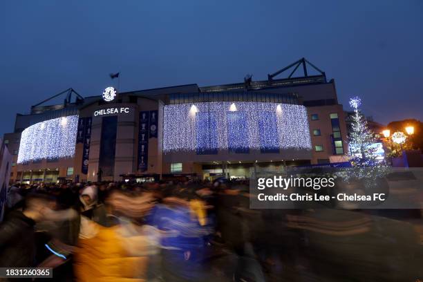 Christmas lights seen at Stamford Bridge during the Premier League match between Chelsea FC and Brighton & Hove Albion at Stamford Bridge on December...
