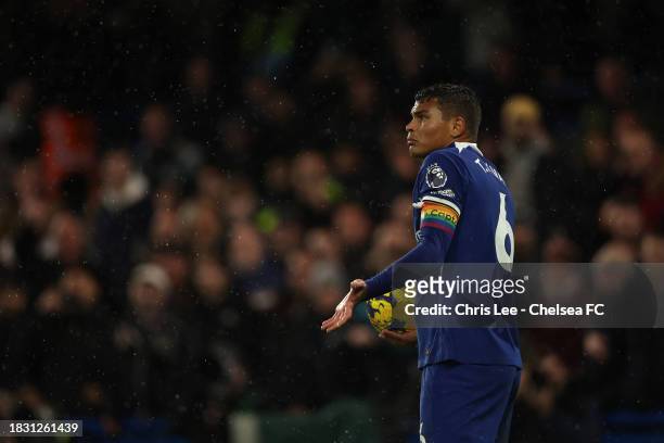 Thiago Silva of Chelsea looks confused over a decision during the Premier League match between Chelsea FC and Brighton & Hove Albion at Stamford...