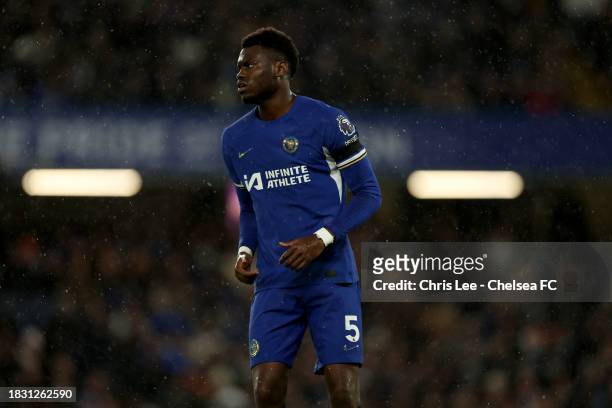 Benoit Badiashile of Chelsea during the Premier League match between Chelsea FC and Brighton & Hove Albion at Stamford Bridge on December 03, 2023 in...