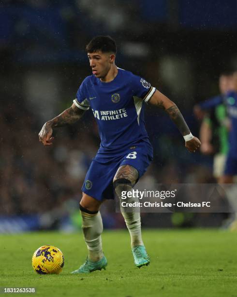 Enzo Fernandez of Chelsea in action during the Premier League match between Chelsea FC and Brighton & Hove Albion at Stamford Bridge on December 03,...