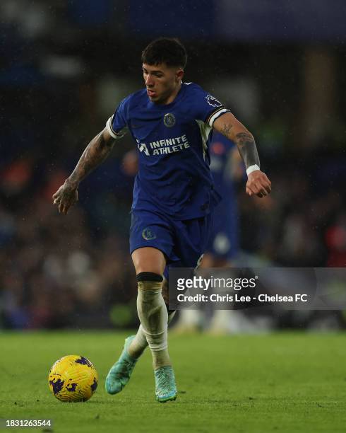 Enzo Fernandez of Chelsea in action during the Premier League match between Chelsea FC and Brighton & Hove Albion at Stamford Bridge on December 03,...