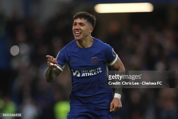 Enzo Fernandez of Chelsea celebrates scoring his second and Chelsea's third goal during the Premier League match between Chelsea FC and Brighton &...