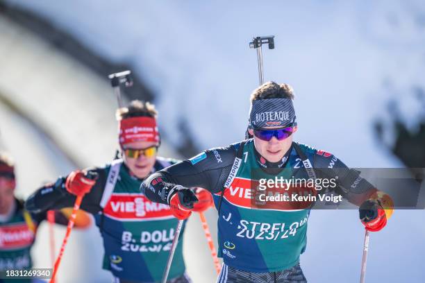 Justus Strelow of Germany in action competes during the Training Women and Men at the BMW IBU World Cup Biathlon Hochfilzen on December 7, 2023 in...