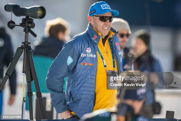 Coach Uros Velepec of Germany looks on during the Training Women and Men at the BMW IBU World Cup Biathlon Hochfilzen on December 7, 2023 in...