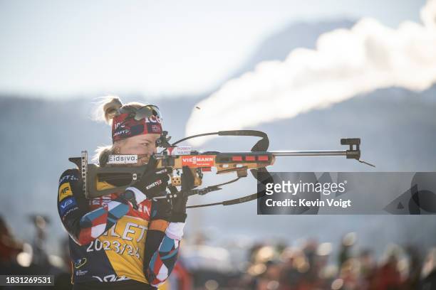Marit Ishol Skogan of Norway at the shooting range during the Training Women and Men at the BMW IBU World Cup Biathlon Hochfilzen on December 7, 2023...