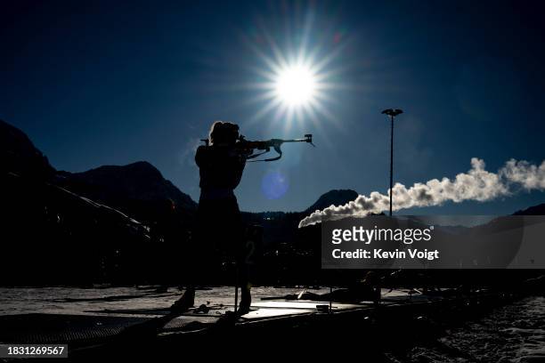 Karoline Offigstad Knotten of Norway at the shooting range as a silhouette during the Training Women and Men at the BMW IBU World Cup Biathlon...