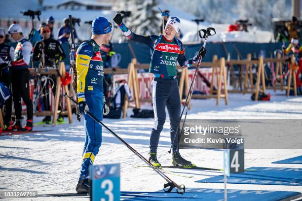 Sebastian Samuelsson of Sweden and Johannes Thingnes Boe of Norway at the shooting range during the Training Women and Men at the BMW IBU World Cup...