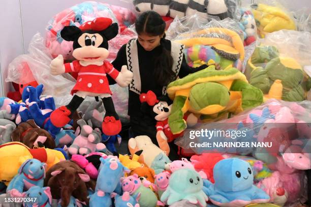 Worker arranges soft toys at the Punjab International Trade Expo 2023, in Amritsar on December 7, 2023.