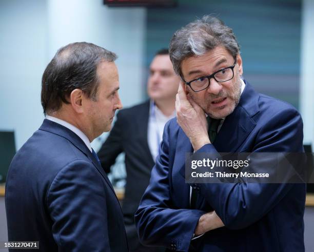 Portuguese Finance Minister Fernando Medina Maciel Almeida Correia is talking with the Italian Minister Economy & Finance, member of the League...