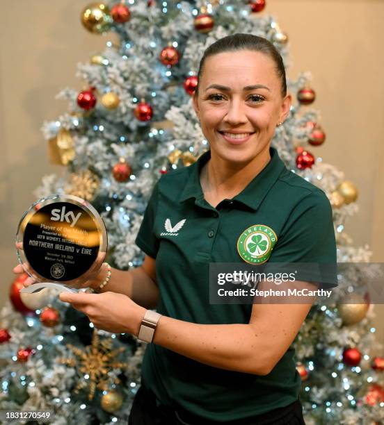 Belfast , United Kingdom - 5 December 2023; Katie McCabe of Republic of Ireland with the Sky Player of the Match award after the UEFA Women's Nations...