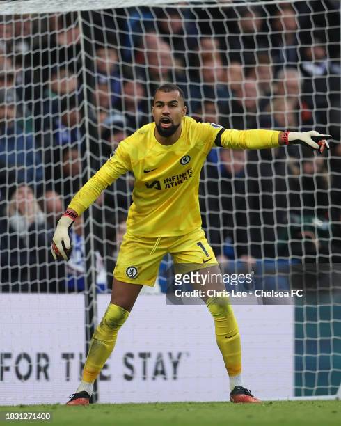 Robert Sanchez of Chelsea during the Premier League match between Chelsea FC and Brighton & Hove Albion at Stamford Bridge on December 03, 2023 in...