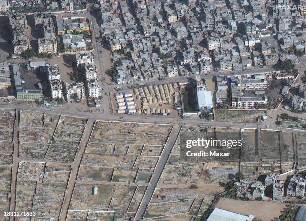 Maxar satellite imagery of New Jordanian field hospital, Khan Younis . Please use: Satellite image 2023 Maxar Technologies.