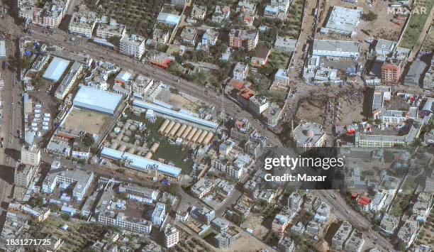 Maxar satellite closeup imagery of New UAE field hospital, Rafah . Please use: Satellite image 2023 Maxar Technologies.