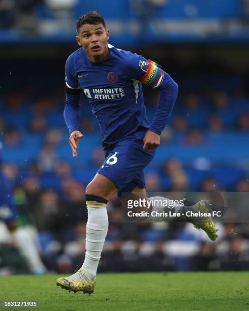 Thiago Silva of Chelsea in action during the Premier League match between Chelsea FC and Brighton & Hove Albion at Stamford Bridge on December 03,...
