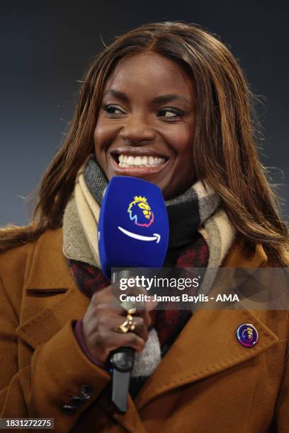 Eniola Aluko working for Amazon Prime Video during the Premier League match between Aston Villa and Manchester City at Villa Park on December 6, 2023...