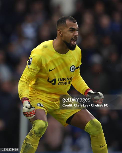 Robert Sanchez of Chelsea in action during the Premier League match between Chelsea FC and Brighton & Hove Albion at Stamford Bridge on December 03,...
