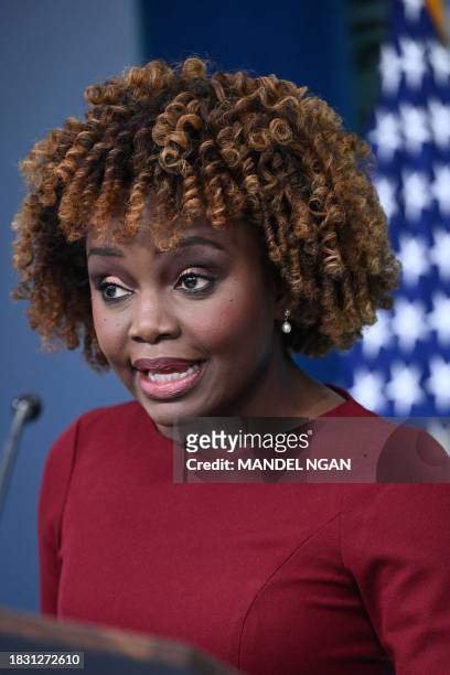 White House Press Secretary Karine Jean-Pierre speaks during the daily briefing in the Brady Briefing Room of the White House in Washington, DC, on...