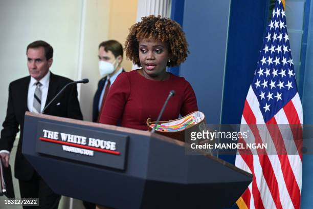 National Security Council Coordinator for Strategic Communications John Kirby and White House Press Secretary Karine Jean-Pierre arrive for the daily...