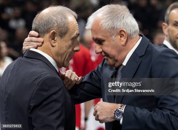 Ettore Messina, Head Coach of EA7 Emporio Armani Milan and Zeljko Obradovic, Head Coach of Partizan Mozzart Bet Belgrade spaek the Turkish Airlines...