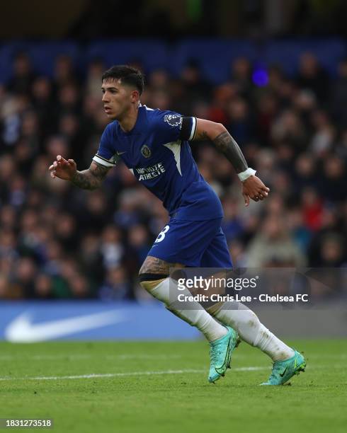 Enzo Fernandez of Chelsea during the Premier League match between Chelsea FC and Brighton & Hove Albion at Stamford Bridge on December 03, 2023 in...