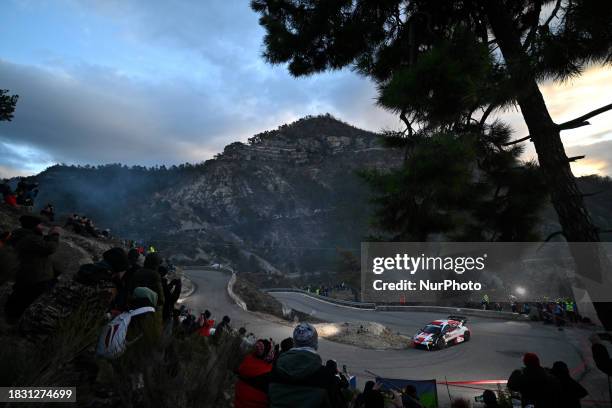 Sebastien Ogier and Vincent Landais of Team Toyota Gazoo Racing WRT, driving the Toyota GR Yaris Rally1 Hybrid, are competing on the fourth day of...