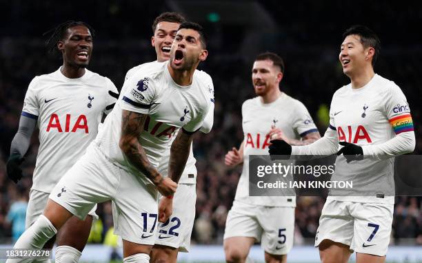 Tottenham Hotspur's Argentinian defender Cristian Romero celebrates scoring the opening goal during the English Premier League football match between...